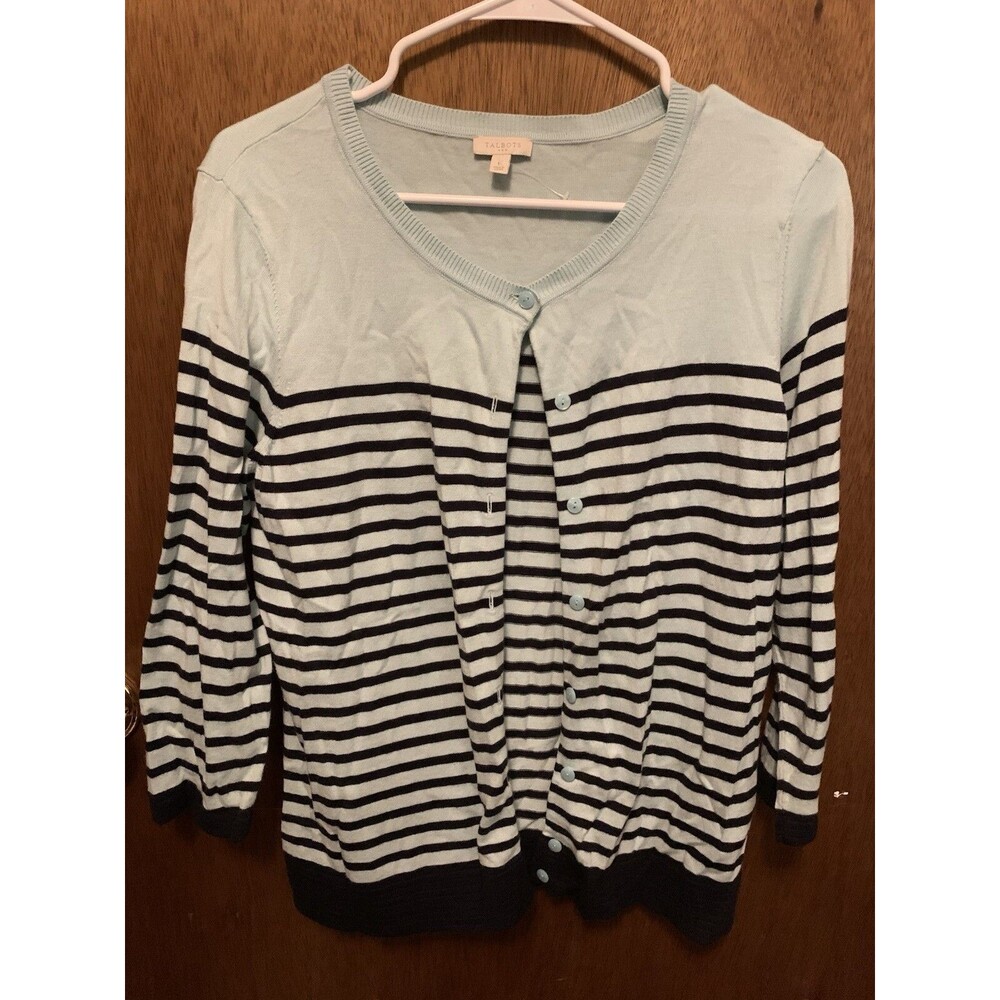 Talbots Mint Green and Blue striped Cardigan size Large